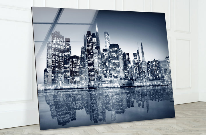 Black and White New York City Skyline Glass Wall Art – Iconic NYC View with Reflections