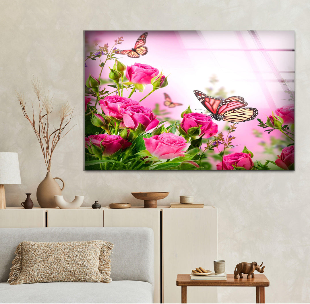 Pink Rose Butterfly Glass Wall Art, custom glass pictures, glass art prints