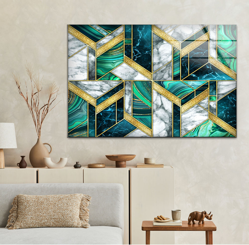 Green White Marble Abstract Glass Wall Art