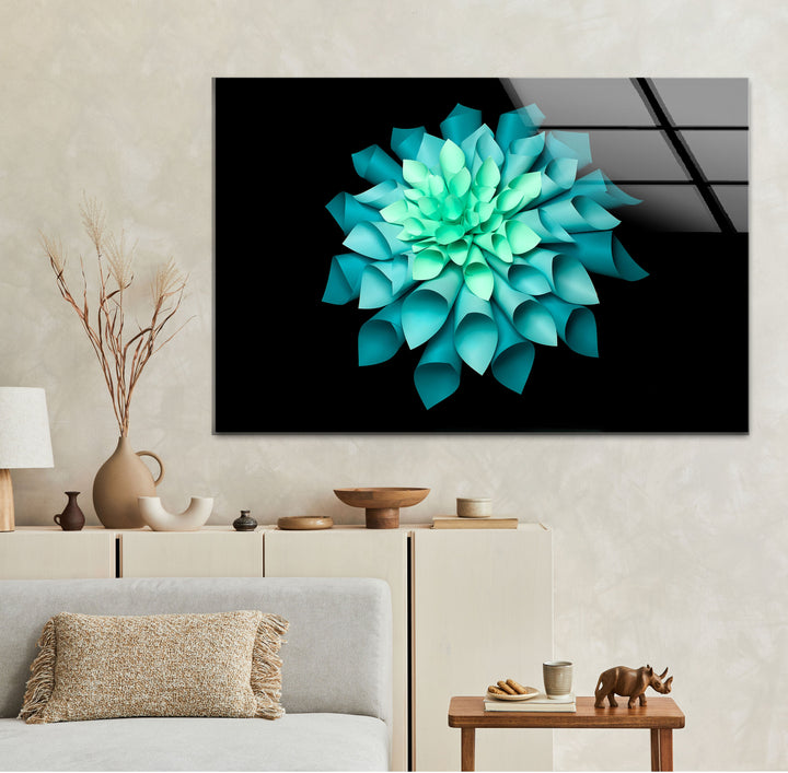 Green Paper Origami Flower Glass Wall Art, large glass photo prints, glass wall photos
