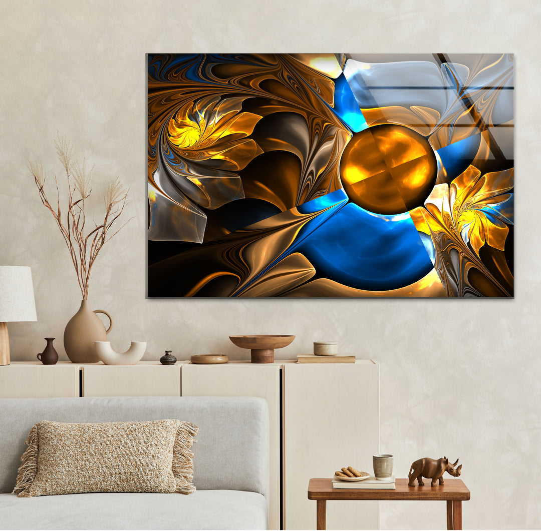 Abstract Blue&Gold Fractal Glass Wall Art, art glass wall art, glass wall art pictures