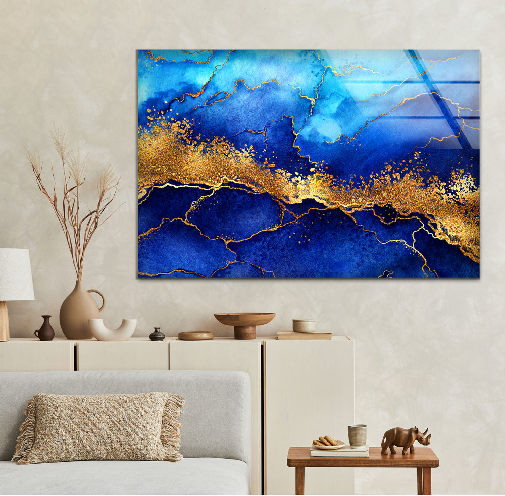 Blue and Golden Abstract Glass Wall Art glass wall decor, glass wall art decor