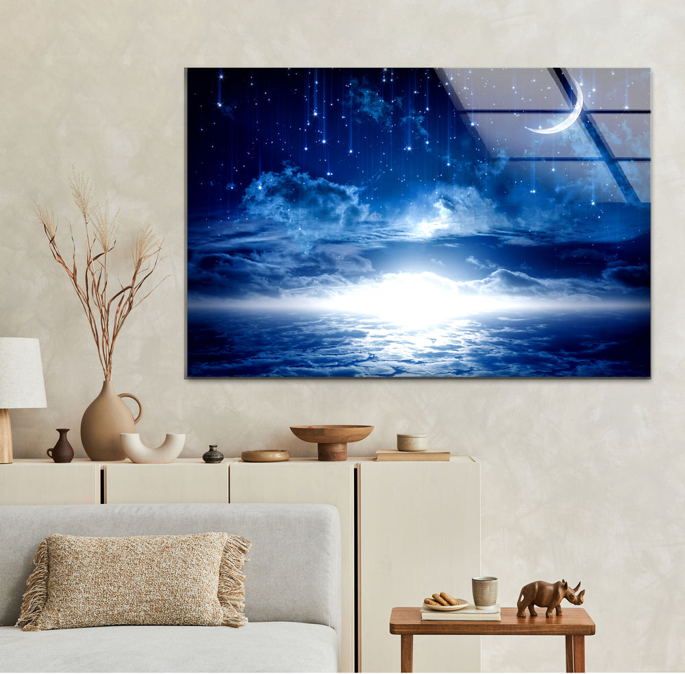 Starry Night Sky Moon Glass Wall Art, picture on glass wall art, photos printed on glass