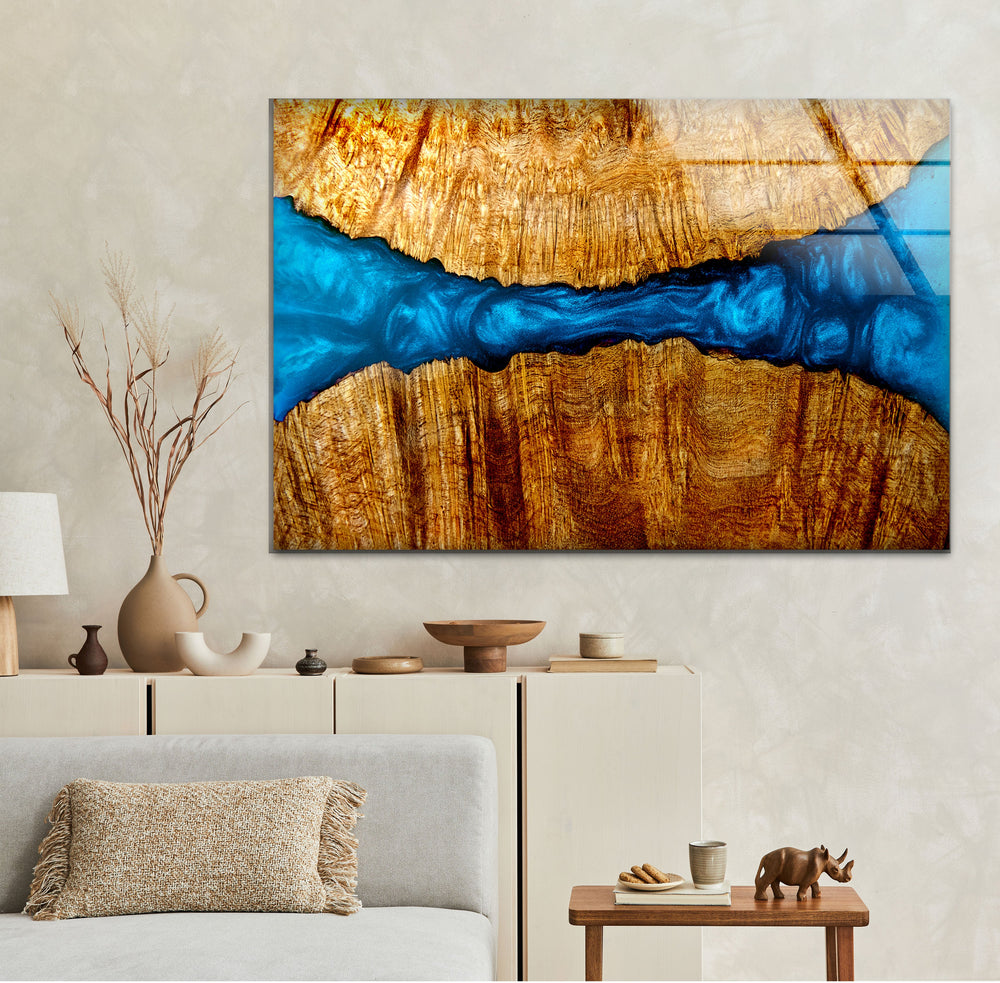 Wood and Blue Epoxy Pattern Glass Wall Art