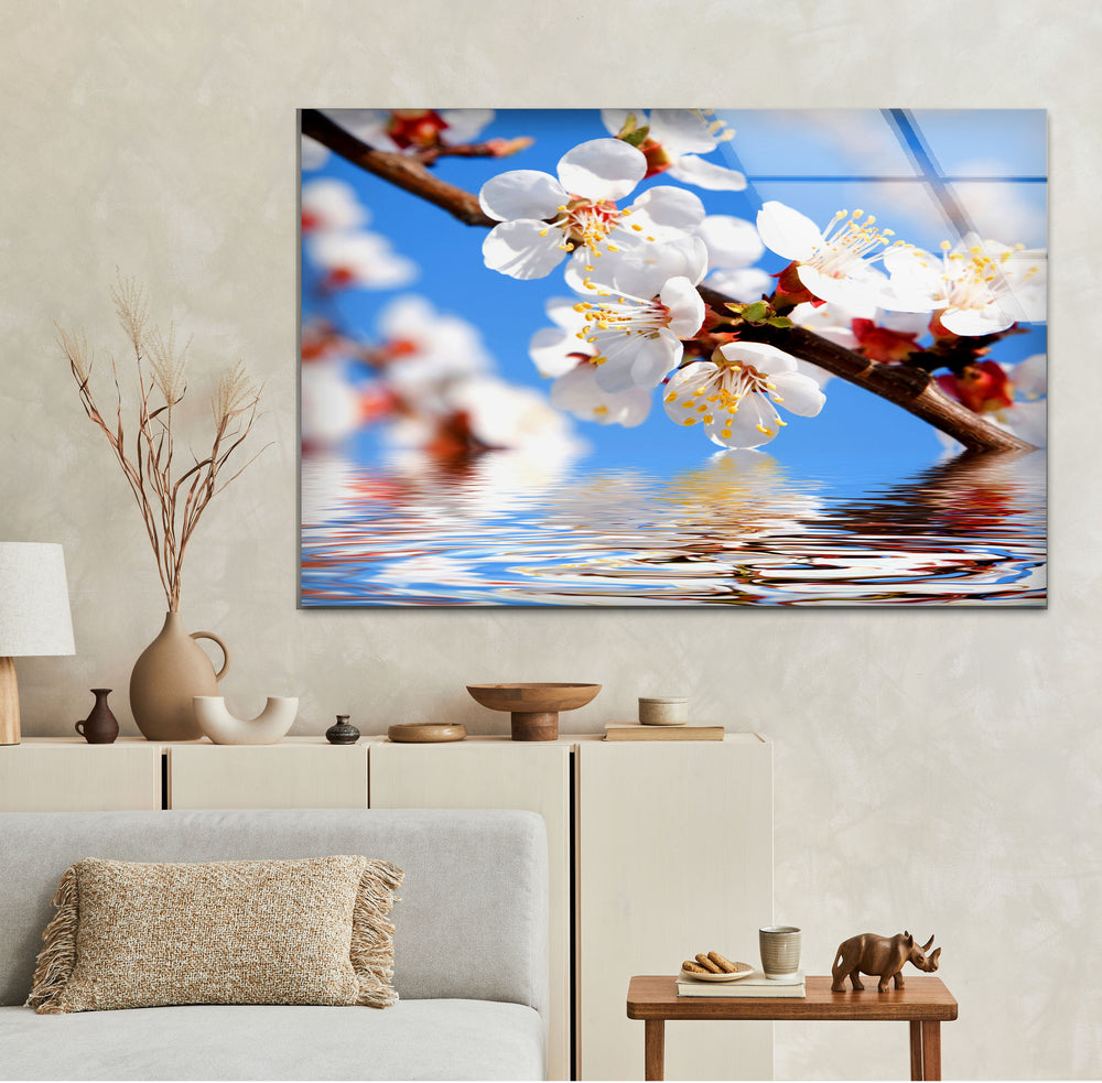 Cherry Tree Branch In Bloom Glass Wall Art, picture on glass wall art, photos printed on glass
