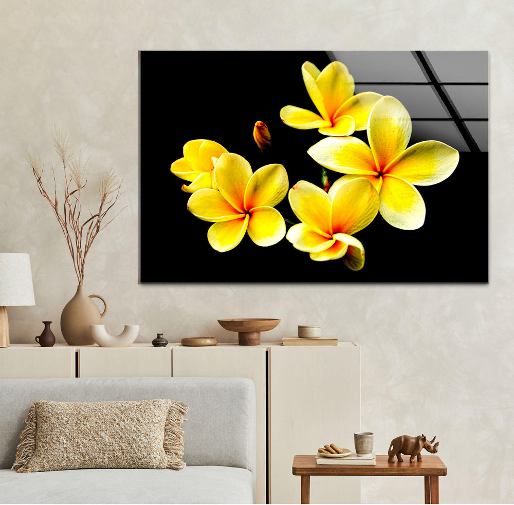 Yellow Plumeria Glass Wall Art, picture on glass wall art, photos printed on glass