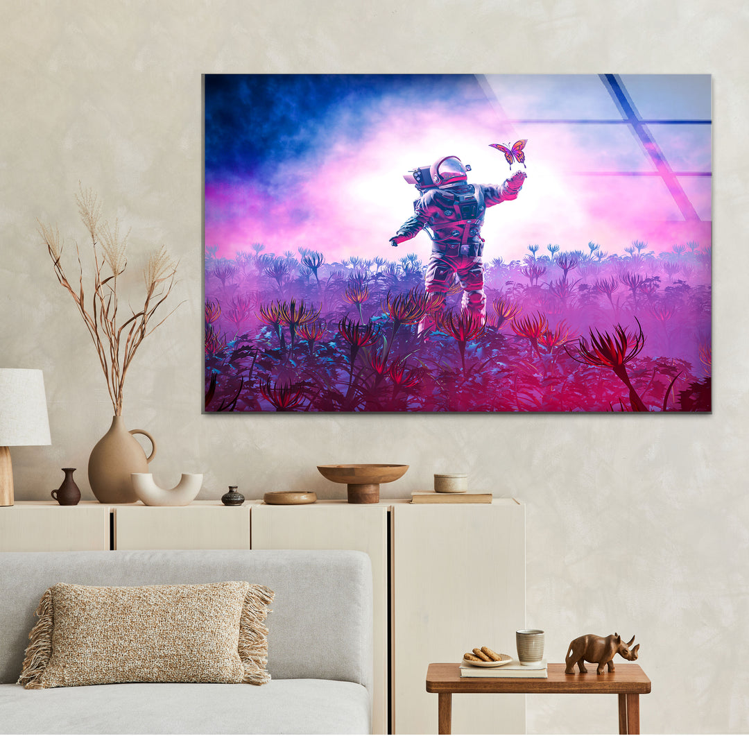 Astronaut With Butterfly Glass Wall Art, glass image printing, glass prints from photos