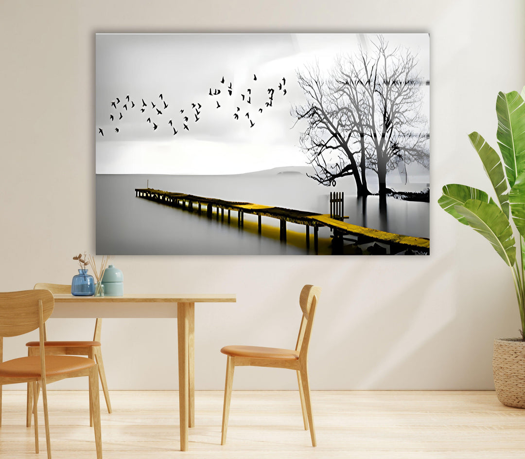 Black & White Dock and Birds Glass Wall Art glass image printing, glass prints from photos
