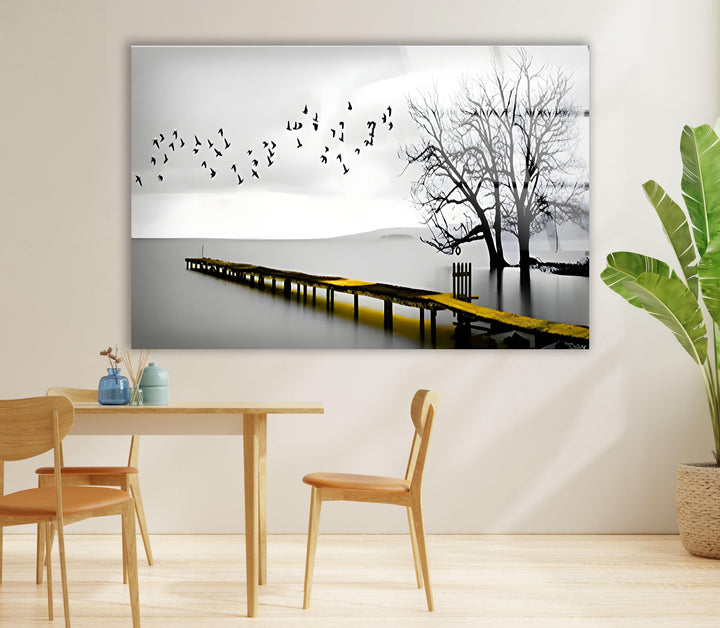 Black & White Dock and Birds Glass Wall Art glass image printing, glass prints from photos
