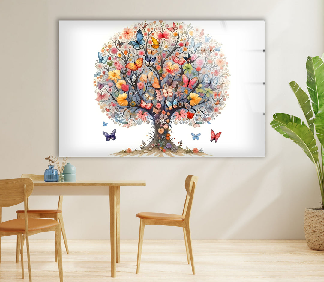 Flower & Butterfly Tree Glass Wall Art custom glass pictures, glass art prints
