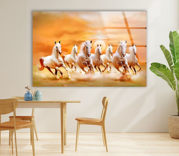 White Horses Running on Sunset Glass Wall Art print on glass, glass printed photos
