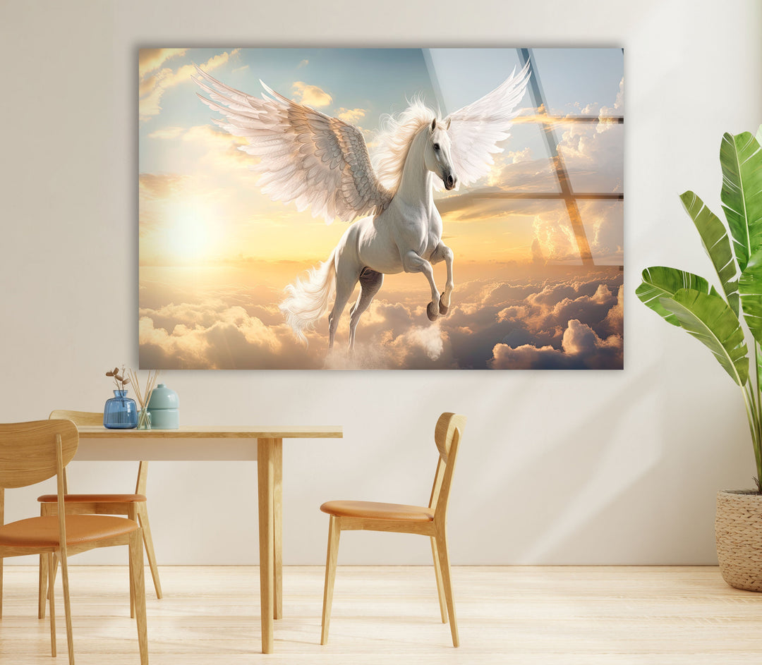 Winged Horse White Glass Wall Art photo print on glass, prints on glass wall art
