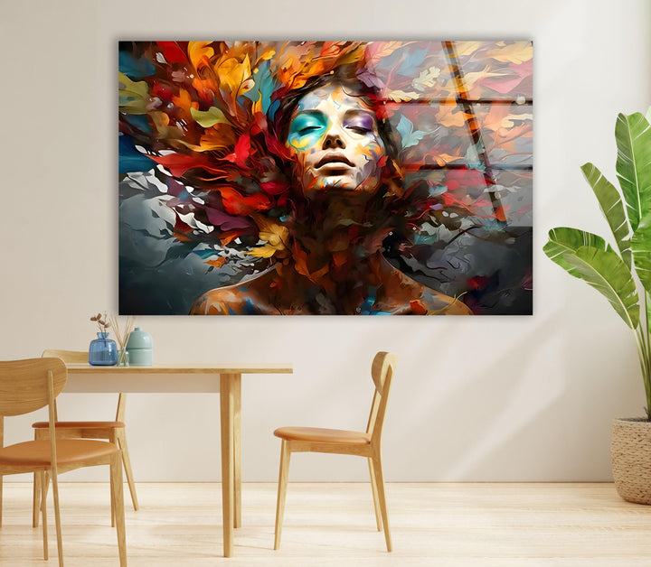 Woman with Colored Leafs Glass Wall Art large glass photo prints, glass wall photos
