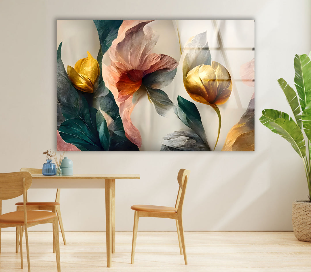 Abstract Golden Details Pink Flower Glass Wall Art glass image printing, glass prints from photos
