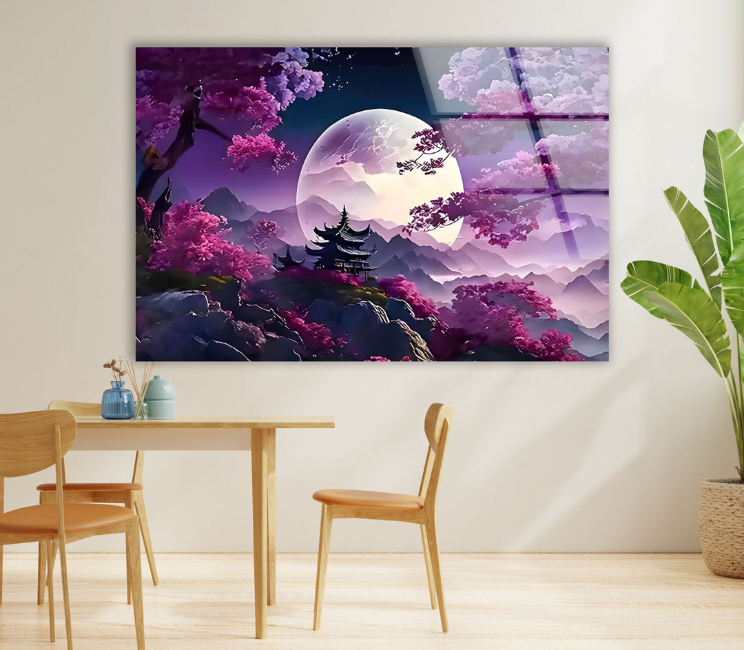 Japanese Temple Purple Sunset Glass Wall Art Glass Printing Wall Art, Print photos on glass
