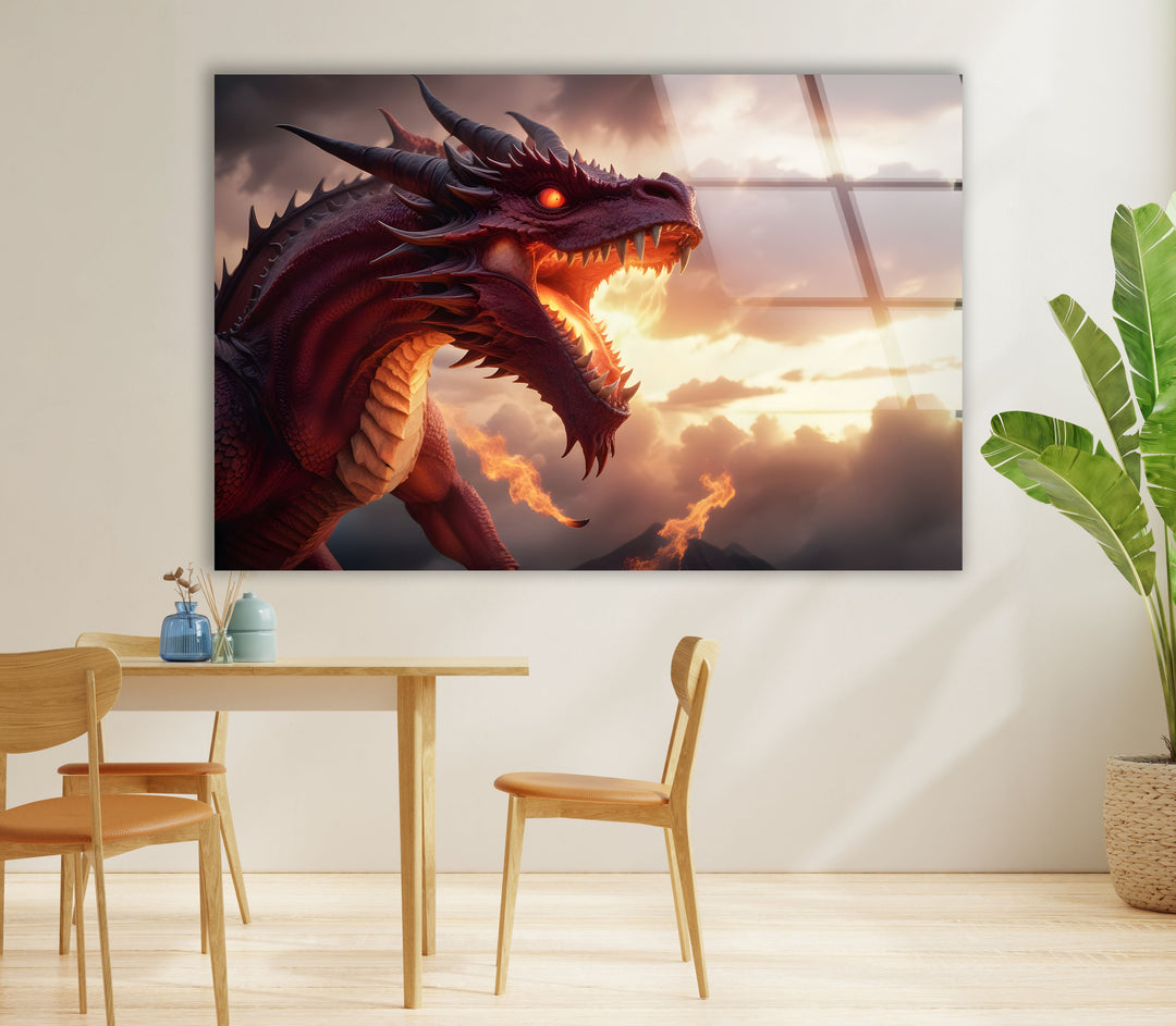 Powerful mythical dragon roaring in a fiery sunset, capturing intense energy.
