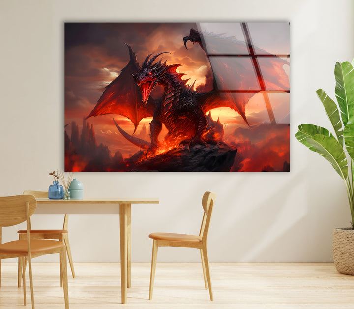 Intense dragon with fiery breath, standing tall against a dramatic fiery sky.
