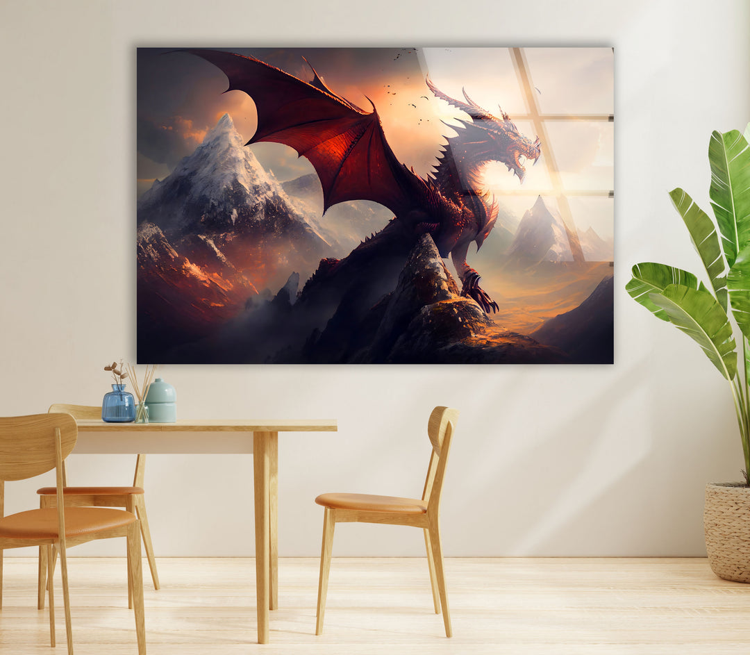 Powerful dragon standing majestically in a fiery, mountainous landscape.
