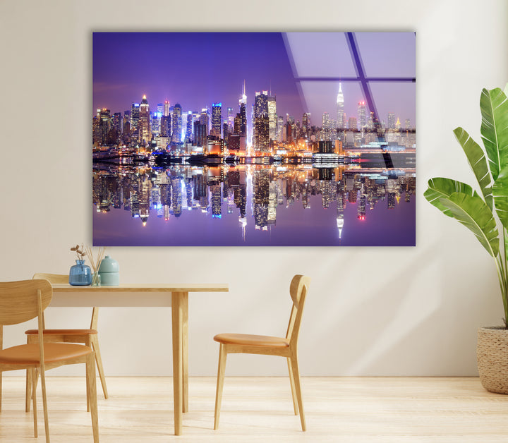 New York City Skyline Glass Wall Art – Iconic Manhattan Skyline with Stunning Waterfront Reflection