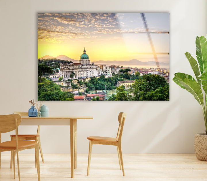 Sunset View of Naples Skyline Glass Wall Art – Iconic Italian Cityscape with Mt. Vesuvius View