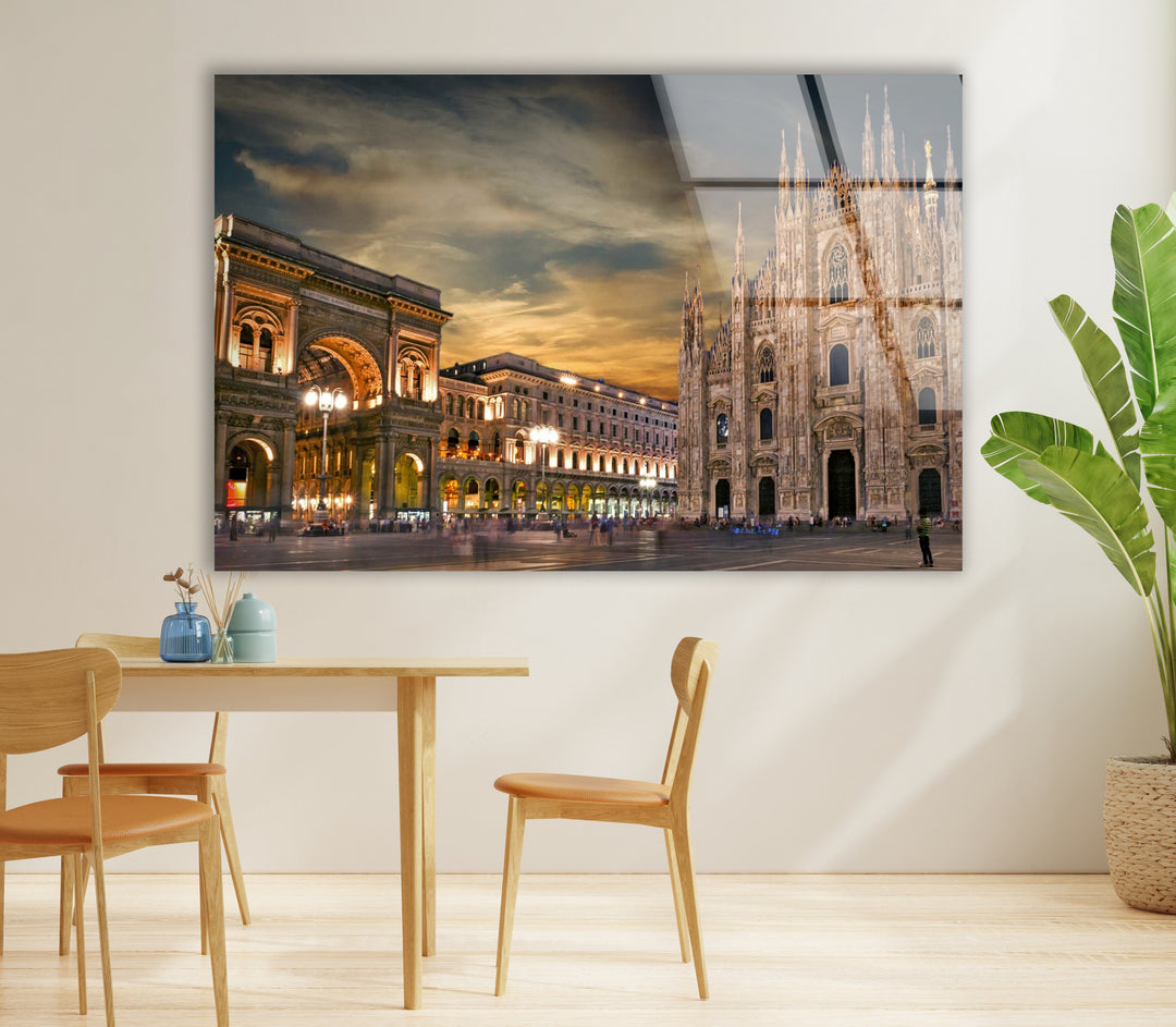 Milan Cityscape Glass Wall Art – Iconic Duomo Cathedral & Galleria Vittorio Emanuele at Dusk