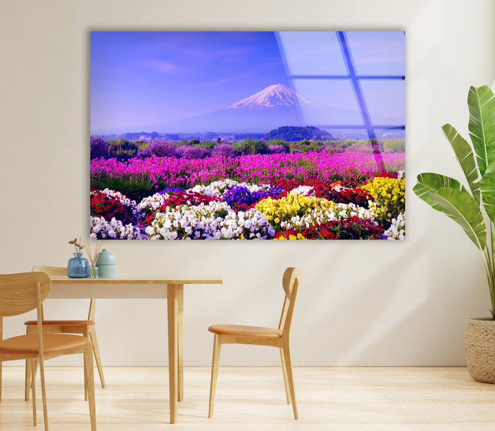 Mount Fuji and Flower Field Glass Wall Art – Majestic View of Japan’s Iconic Mountain & Blossoming Landscape