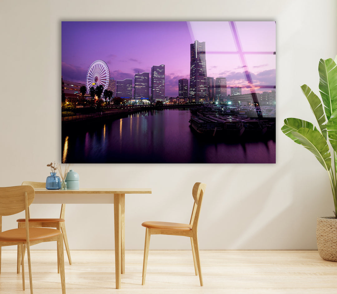 Yokohama City Skyline Glass Wall Art – Stunning Waterfront View with Ferris Wheel at Sunset