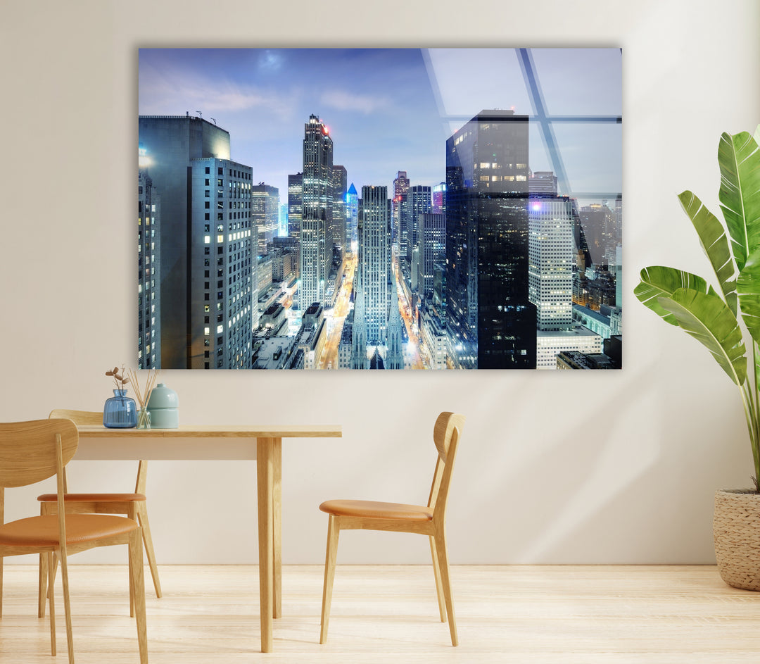 Chicago Skyline Glass Wall Art – Stunning Night View of Downtown Skyscrapers and Streets