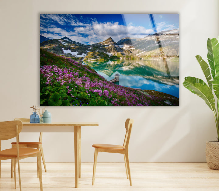 Norwegian Fjord Glass Wall Art – Majestic Mountain with Blossoming Flowers