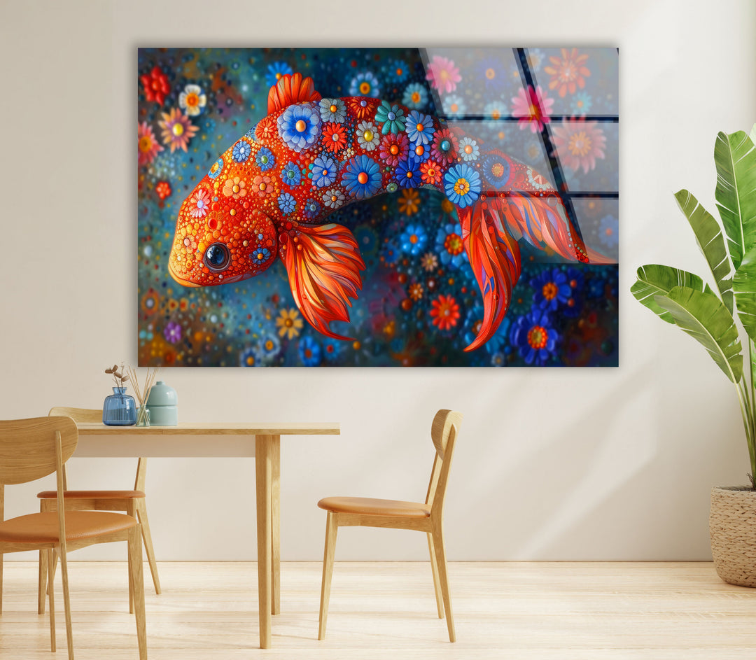 Fish with Flowers Glass Wall Art glass pictures for Wall, glass prints wall art