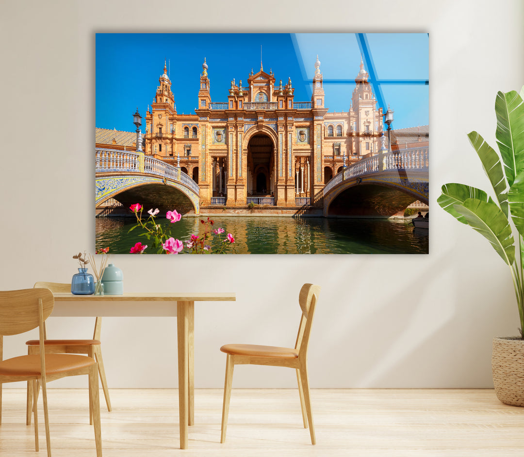 Plaza de España Glass Wall Art – Majestic Spanish Landmark with Scenic Canal