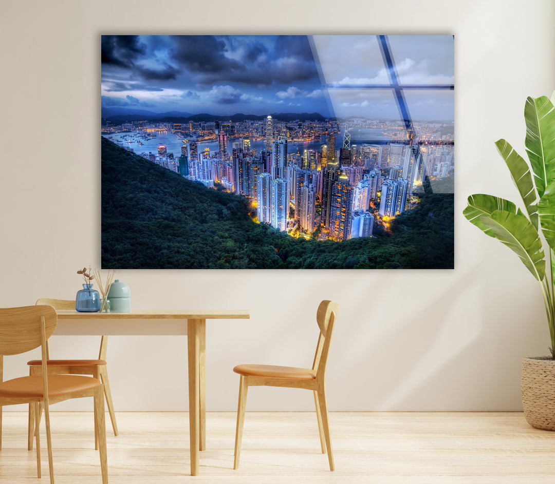 Hong Kong Skyline Glass Wall Art – Stunning View of City Lights & Harbor at Dusk