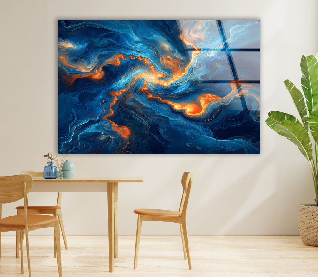 Abstract Swirling Blue and Orange Glass Wall Art glass image printing, glass prints from photos