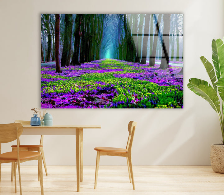 Flower Pathway Glass Wall Art – Serene Spring Landscape with Lush Blooming Flowers