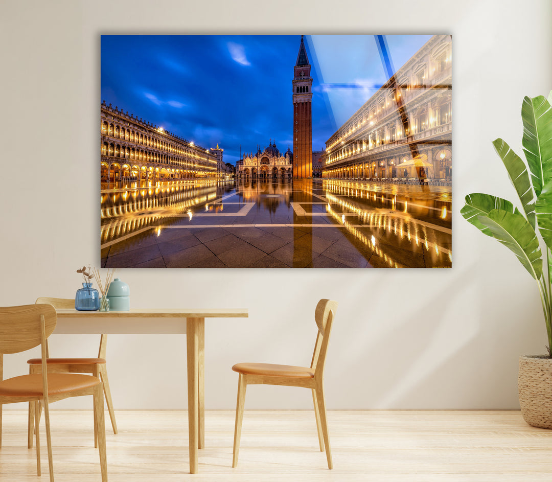 St. Mark's Square Glass Wall Art – Majestic Venice Landmark with Illuminated Campanile Tower