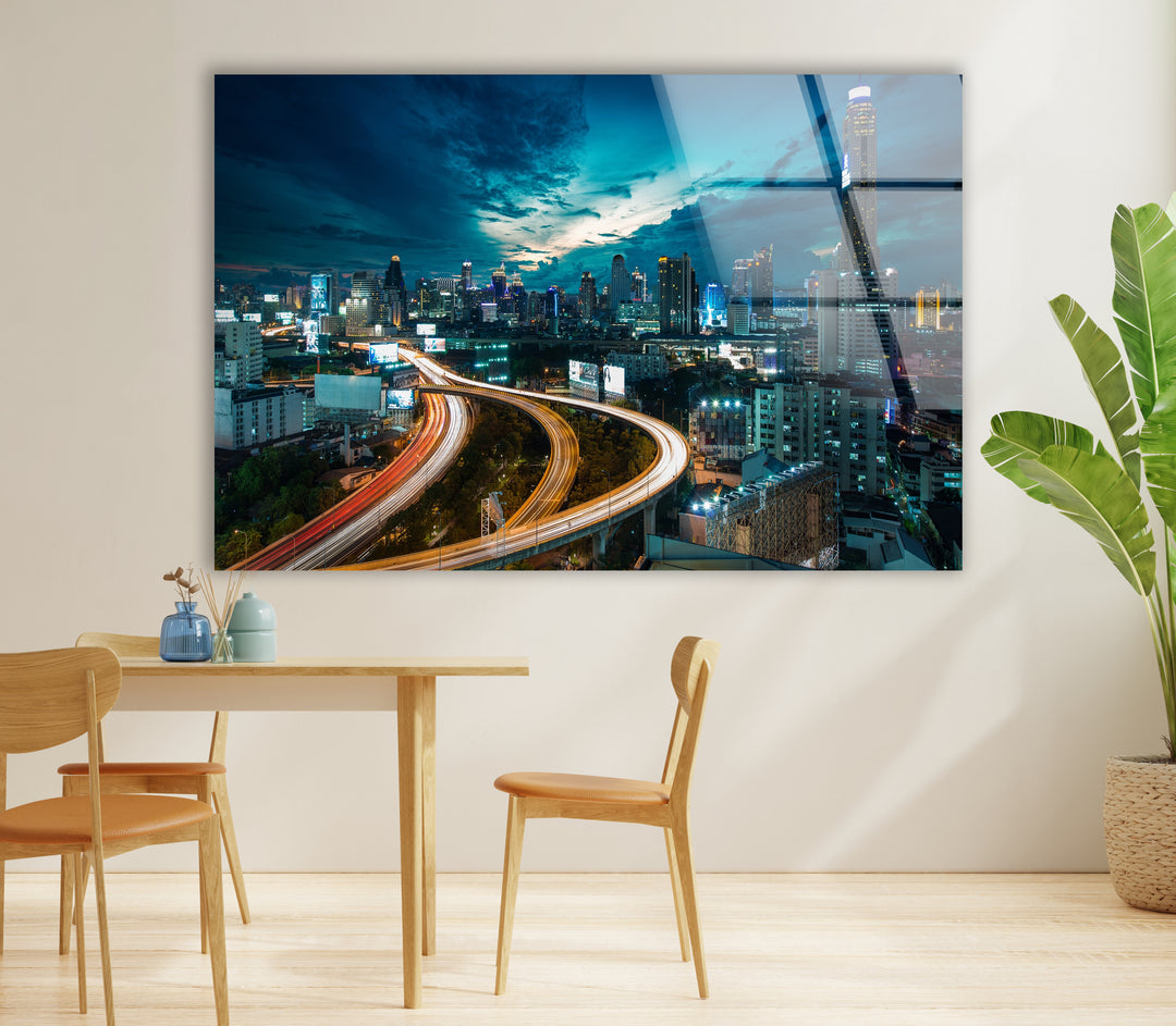 Bangkok Skyline Glass Wall Art – Stunning Night View of Thailand’s Iconic Cityscape