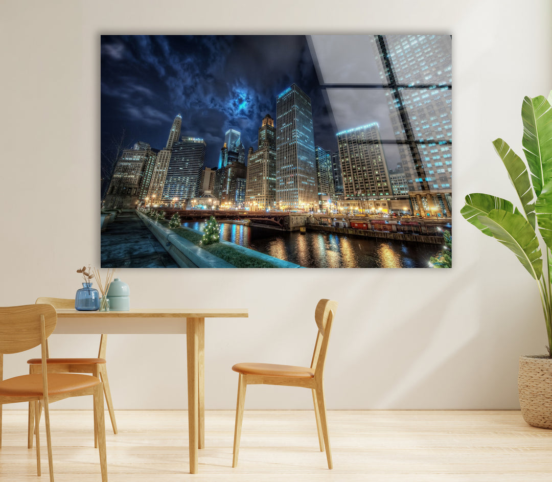 Chicago Skyline Glass Wall Art – Majestic View of Chicago's Iconic River & Skyscrapers at Night