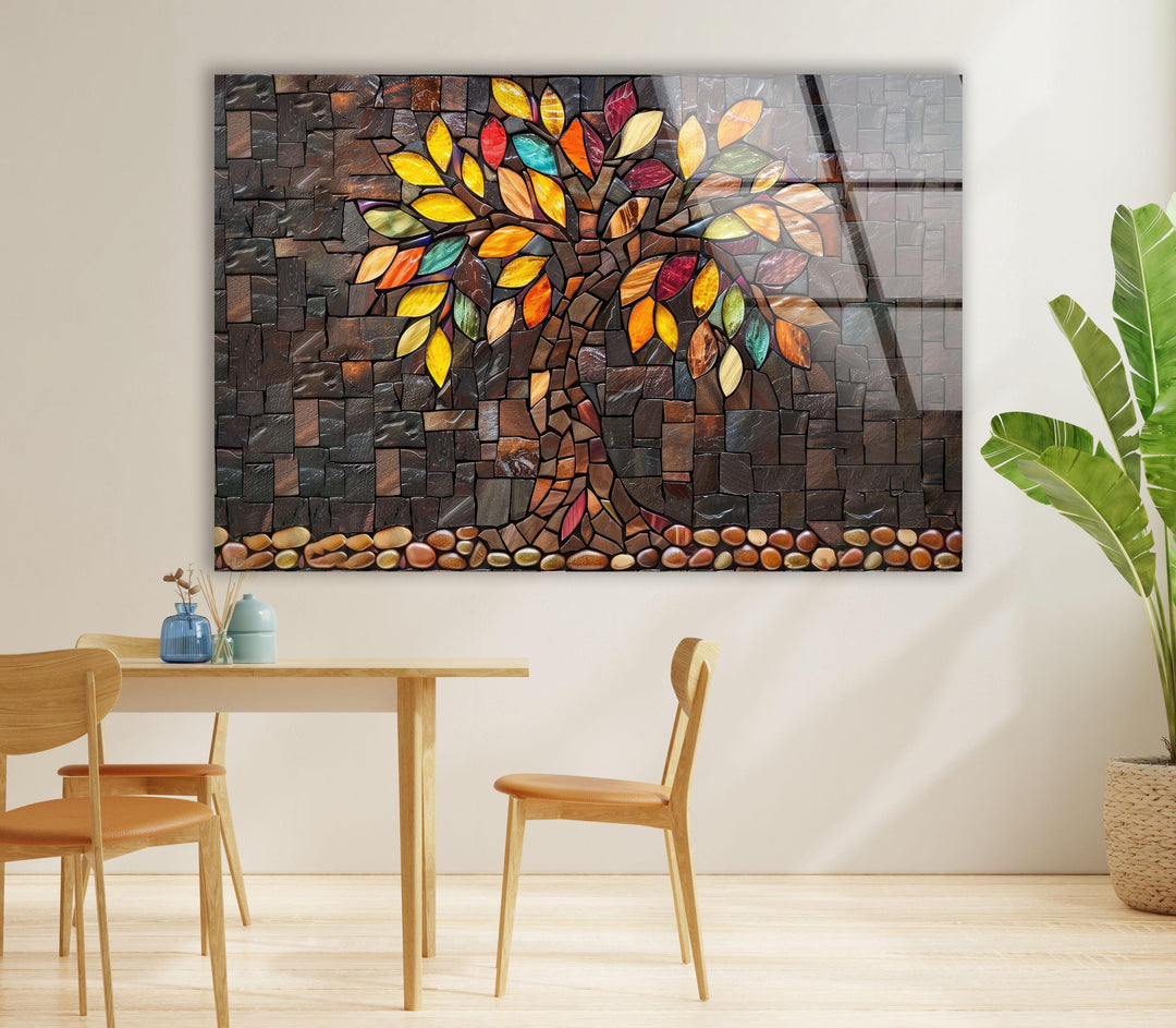 Mosaic Brown Tree Of Life Glass Wall Art print on glass, glass printed photos