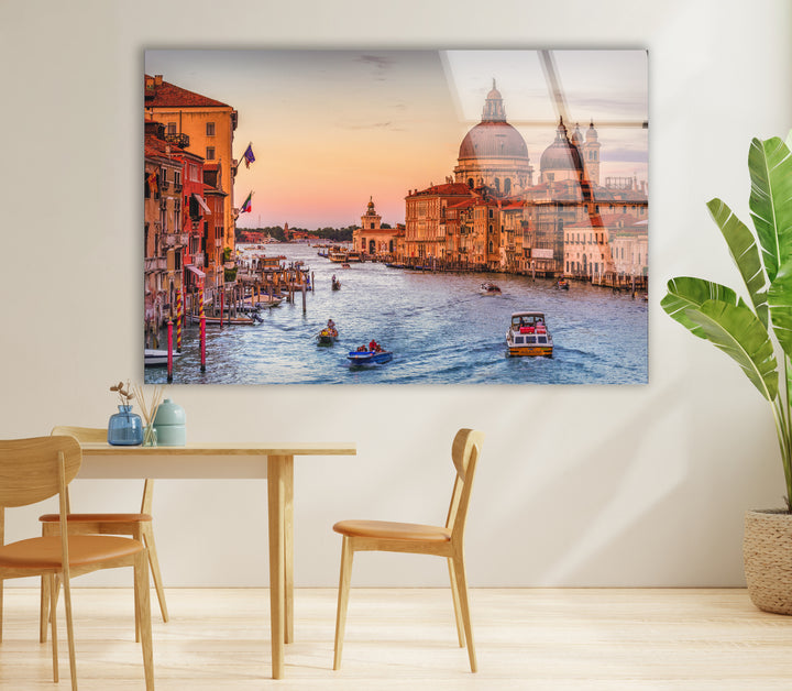 Venice Canal Glass Wall Art – Iconic Grand Canal View at Sunset with Boats