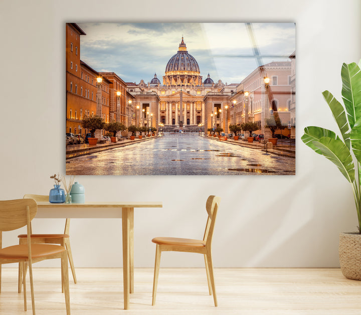 Vatican City Glass Wall Art – Majestic View of St. Peter's Basilica at Dusk