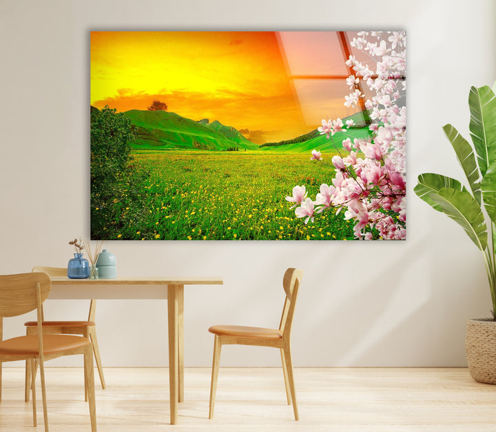 Sunset Meadow Glass Wall Art – Beautiful Spring Landscape with Blossoming Flowers