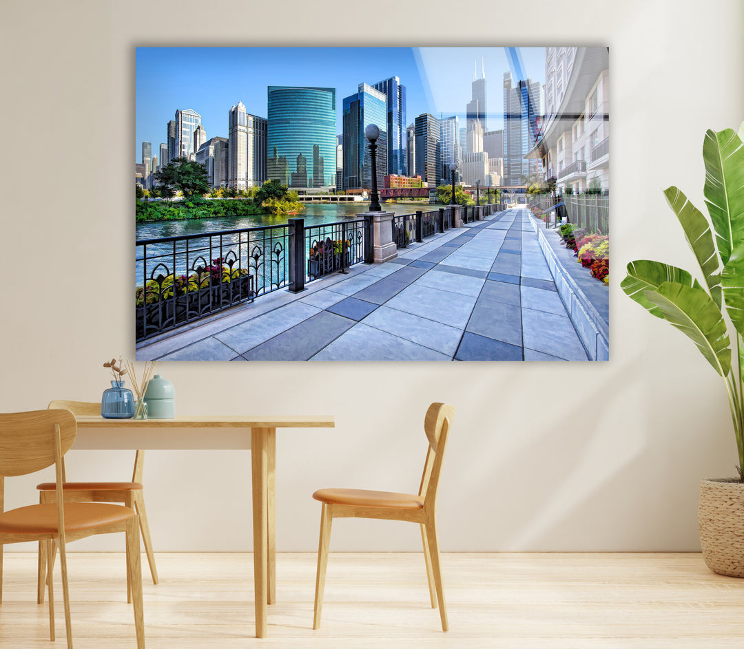 Chicago Riverwalk Glass Wall Art – Stunning View of Downtown Skyscrapers & Waterfront Path