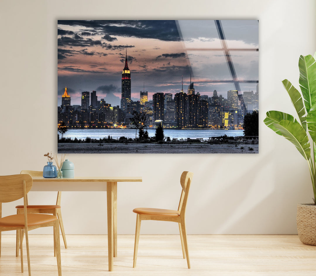 New York City Skyline Glass Wall Art – Stunning Evening View of Empire State Building & Downtown