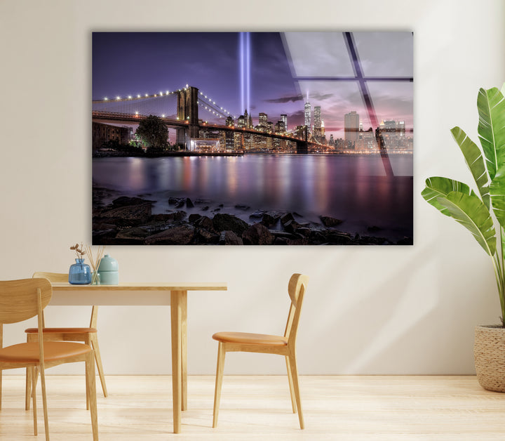 Brooklyn Bridge Glass Wall Art – Breathtaking NYC Skyline with Tribute in Light