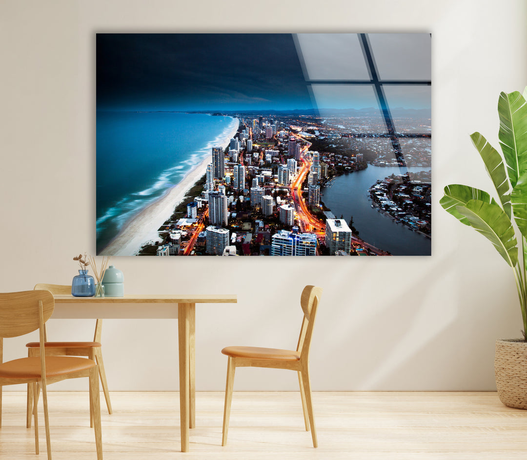 Gold Coast Skyline Glass Wall Art – Majestic View of Australian Coastal City at Night