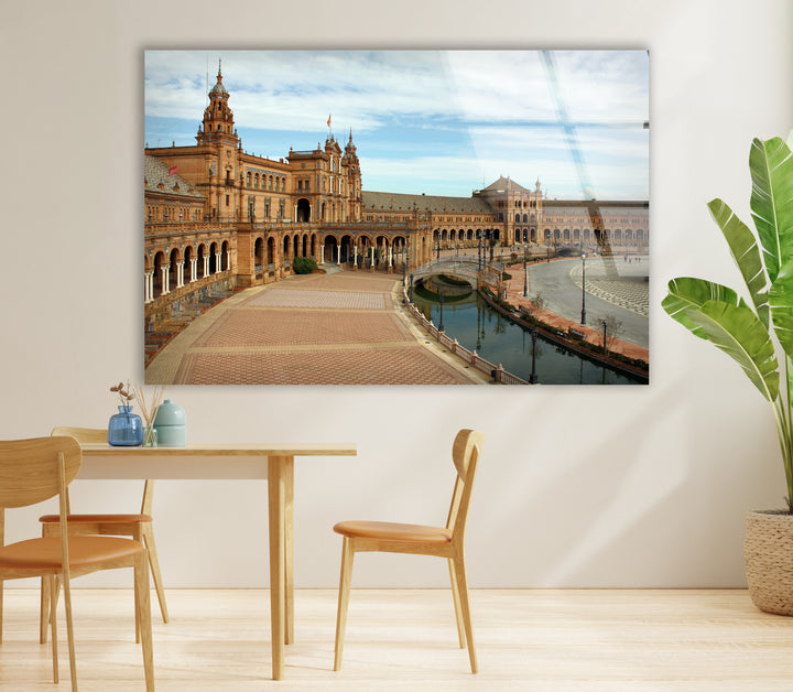 Plaza de España Glass Wall Art – Majestic Spanish Landmark with Scenic Canal View