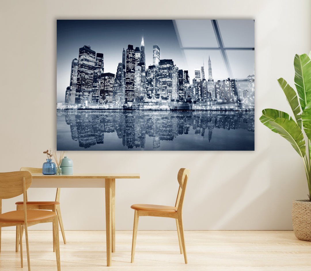 Black and White New York City Skyline Glass Wall Art – Iconic NYC View with Reflections