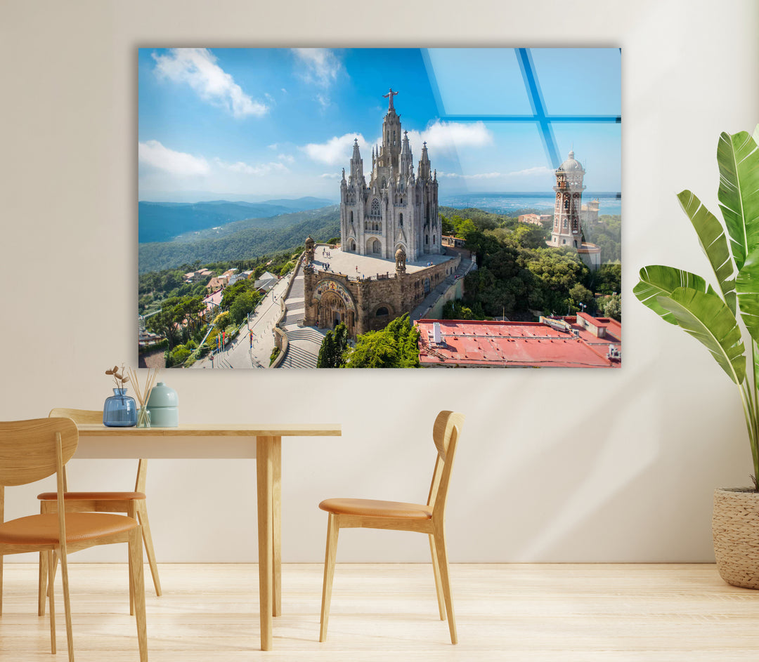 Tibidabo Cathedral Glass Wall Art – Majestic View of Barcelona’s Iconic Mountain & Church