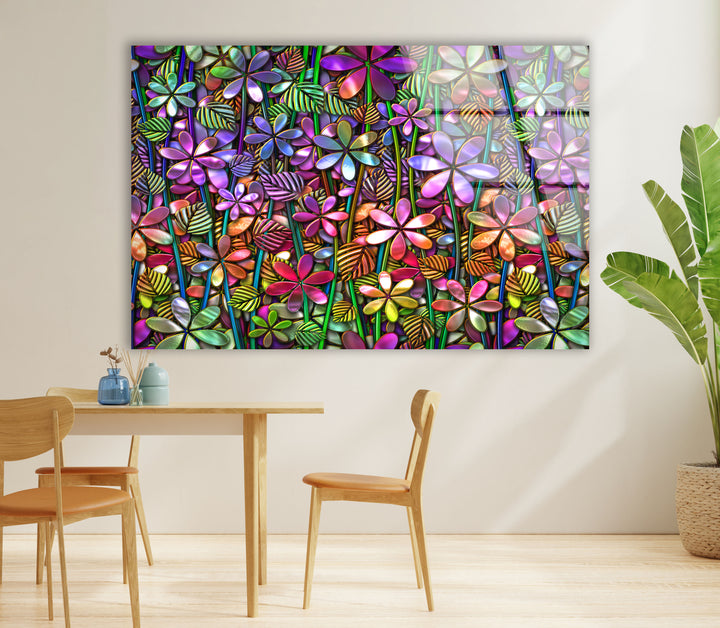 3D Floral Pattern Glass Wall Art, large glass photo prints, glass wall photos