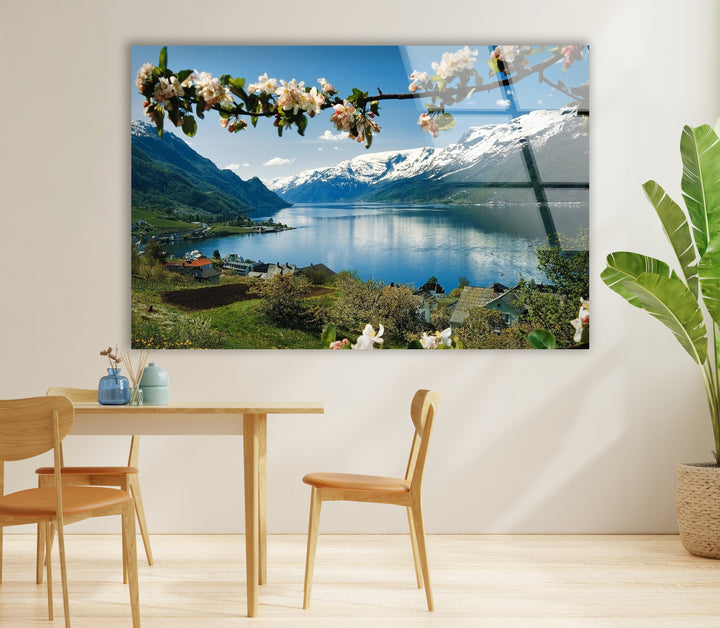 Norwegian Fjord Glass Wall Art – Majestic Mountain & Lake View with Blossoming Flowers